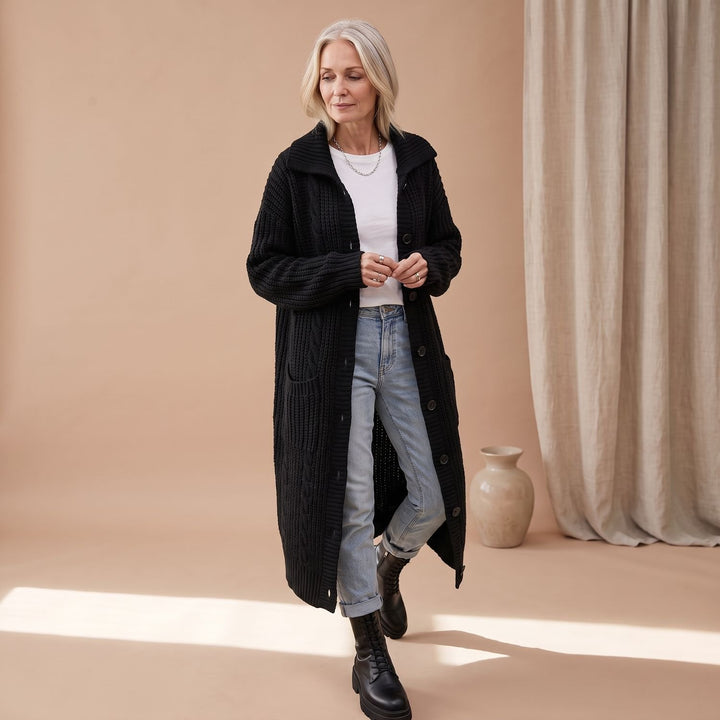 Lange Grobstrick-Strickjacke Damen Oversized Cardigan mit Kragen - Schwarz
