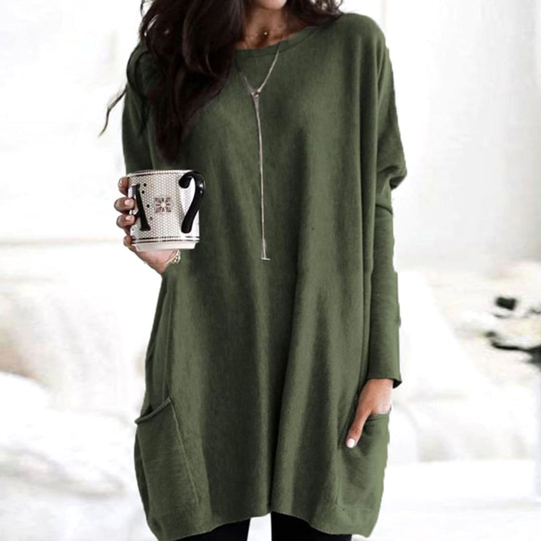 Langer Damenpullover Oversized Rundhals mit Taschen - Dunkelgrün