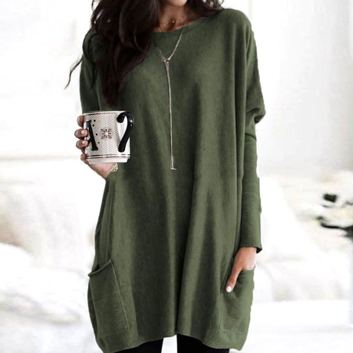 Langer Damenpullover Oversized Rundhals mit Taschen - Dunkelgrün