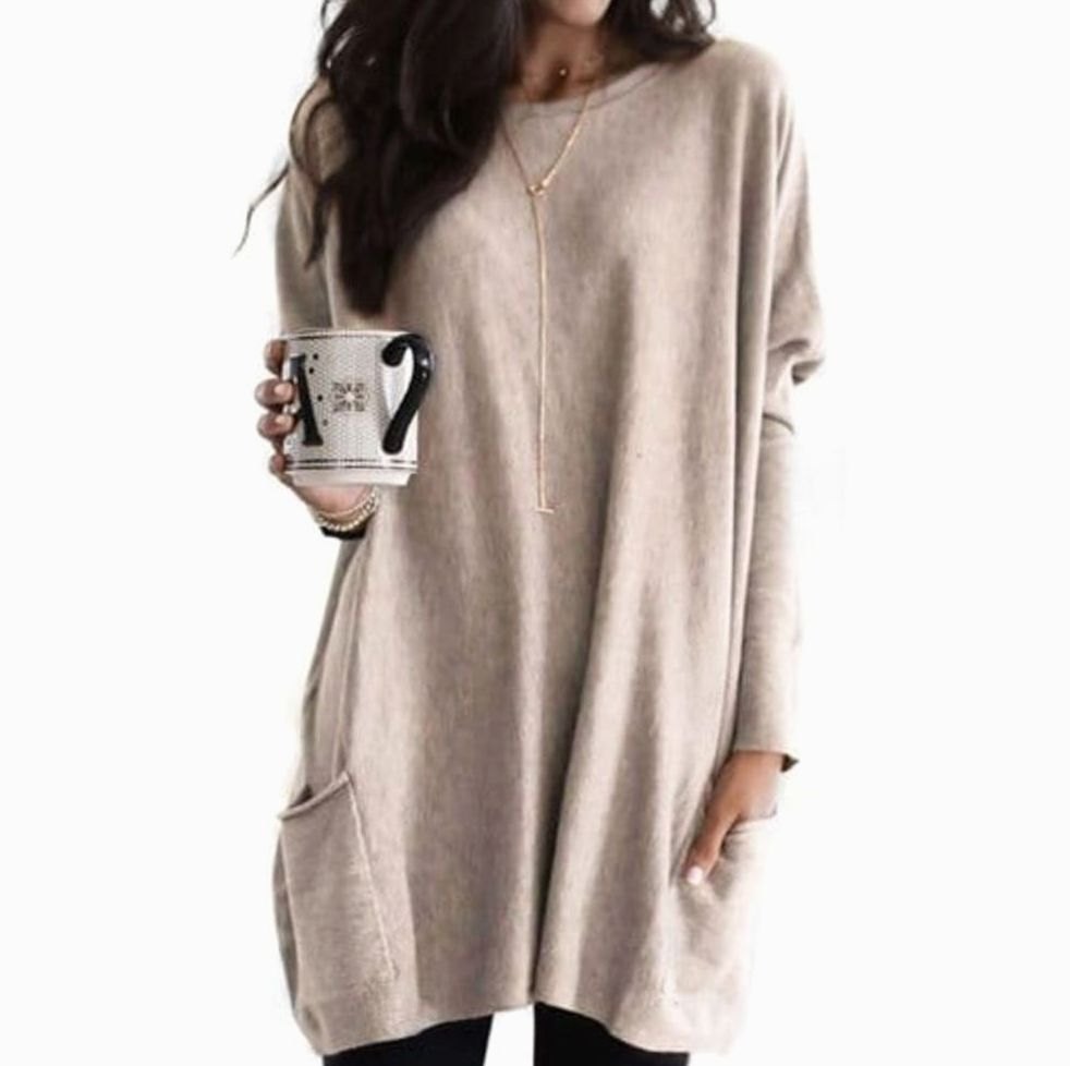 Langer Damenpullover Oversized Rundhals mit Taschen - Beige