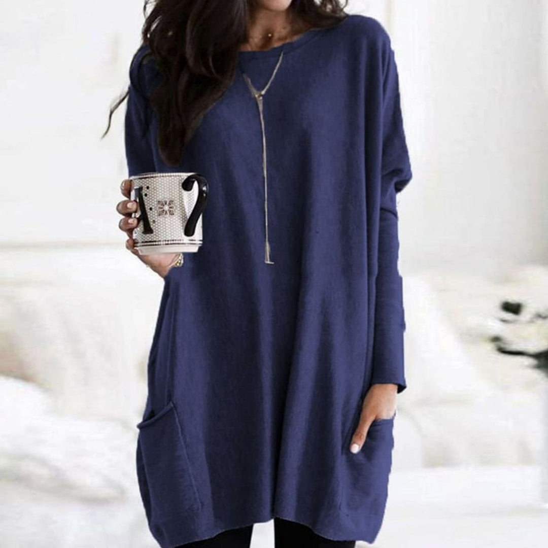 Langer Damenpullover Oversized Rundhals mit Taschen - Blau