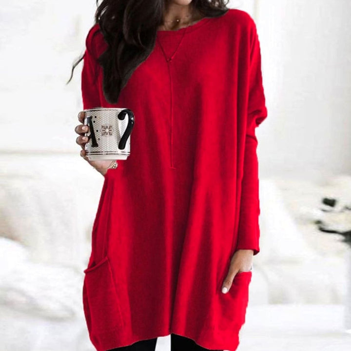 Langer Damenpullover Oversized Rundhals mit Taschen - Rot