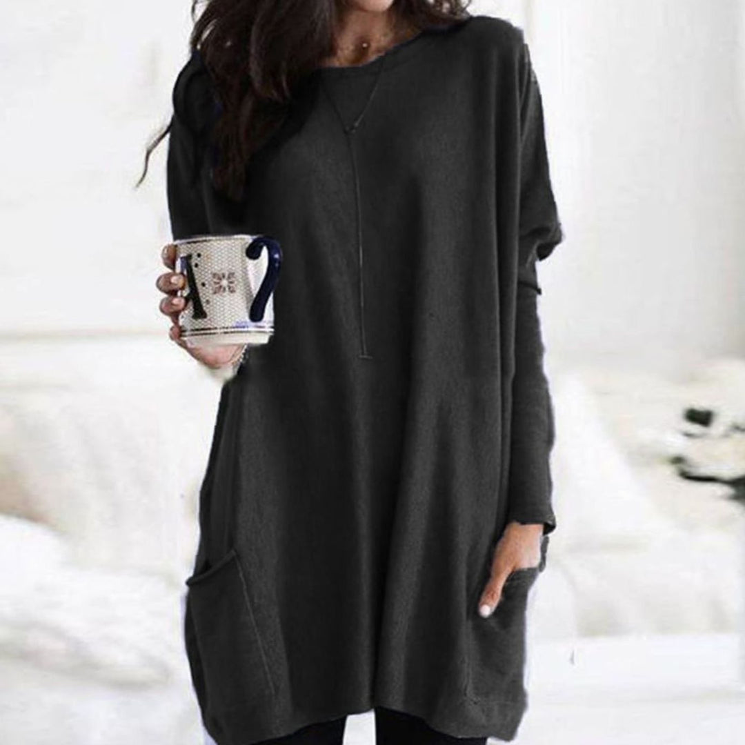 Langer Damenpullover Oversized Rundhals mit Taschen - Schwarz