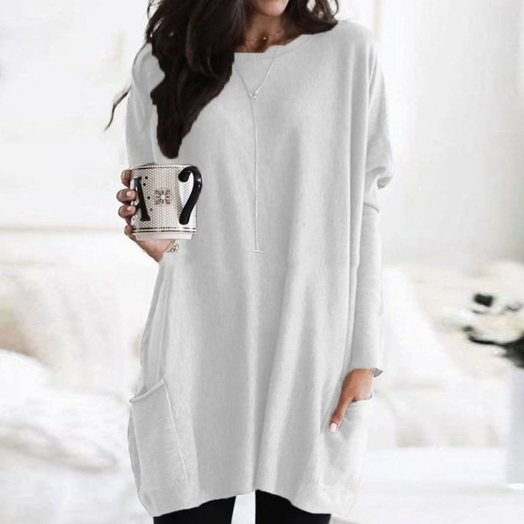 Langer Damenpullover Oversized Rundhals mit Taschen - Weiß