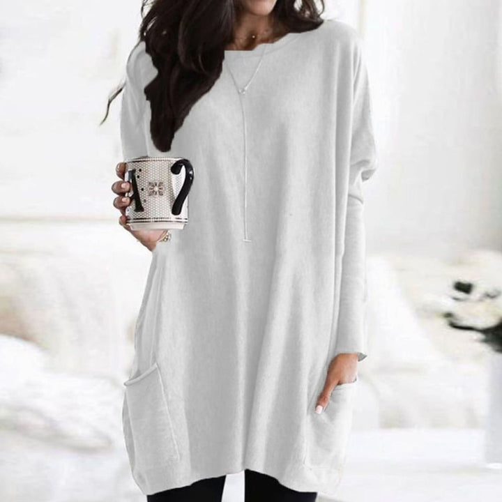 Langer Damenpullover Oversized Rundhals mit Taschen - Weiß