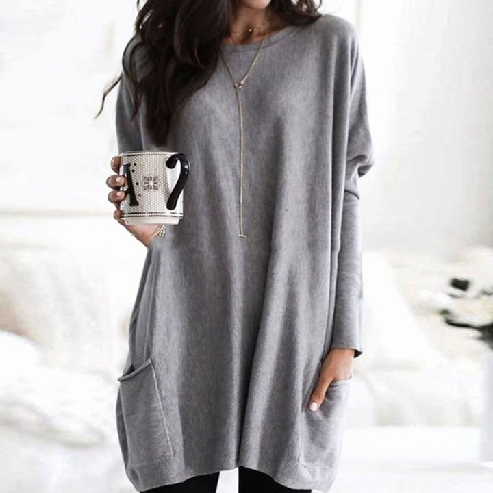 Langer Damenpullover Oversized Rundhals mit Taschen - Grau
