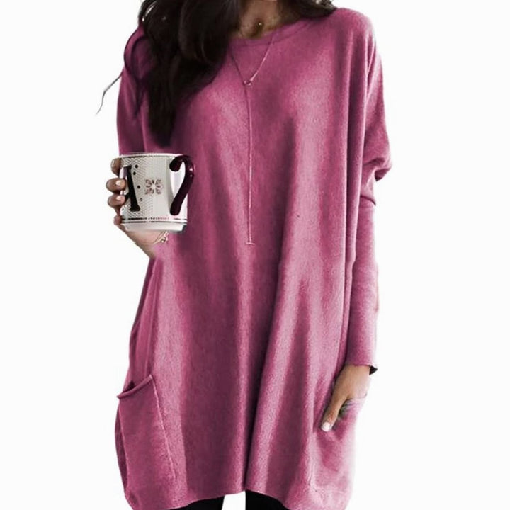 Langer Damenpullover Oversized Rundhals mit Taschen - Rosa