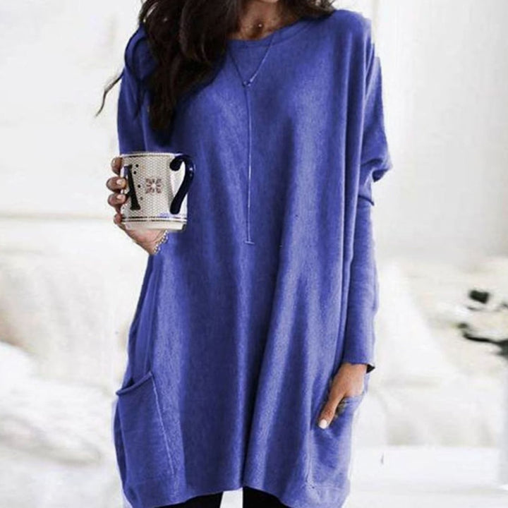 Langer Damenpullover Oversized Rundhals mit Taschen - Lila