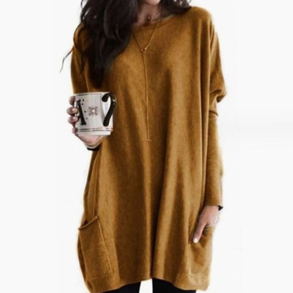 Langer Damenpullover Oversized Rundhals mit Taschen - Khaki