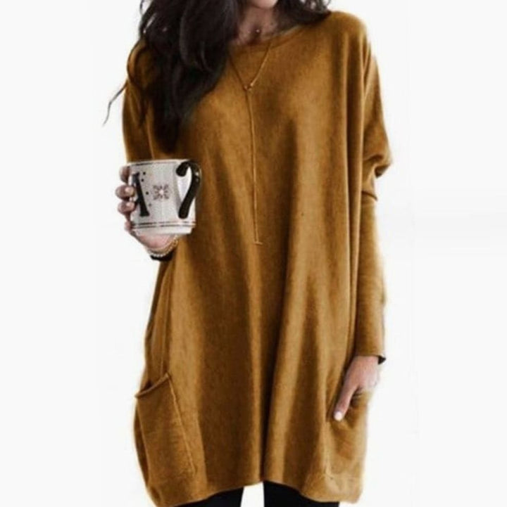 Langer Damenpullover Oversized Rundhals mit Taschen - Khaki
