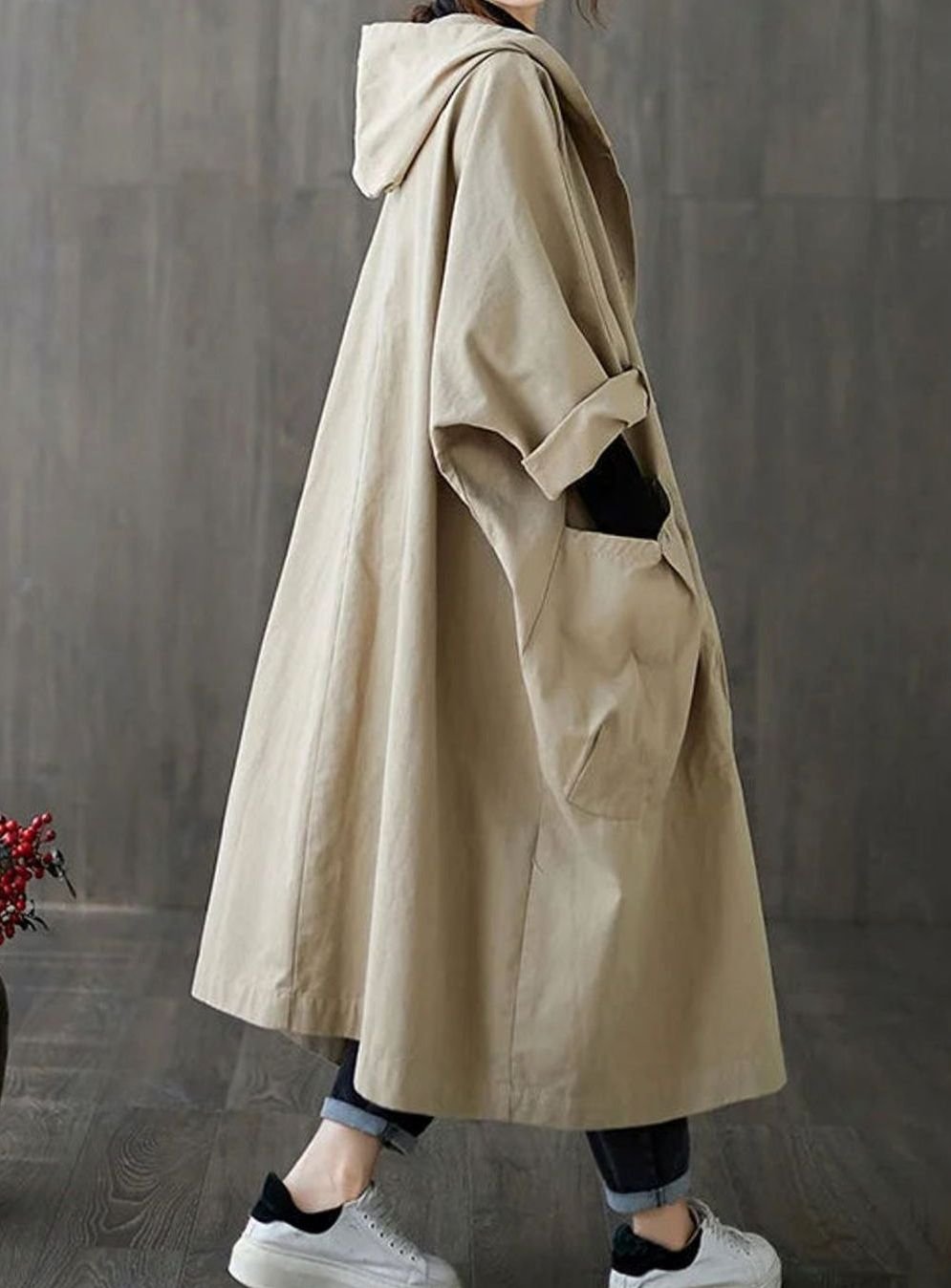 Langer Kapuzenmantel für Damen wasserabweisend Oversized Trenchcoat - Beige