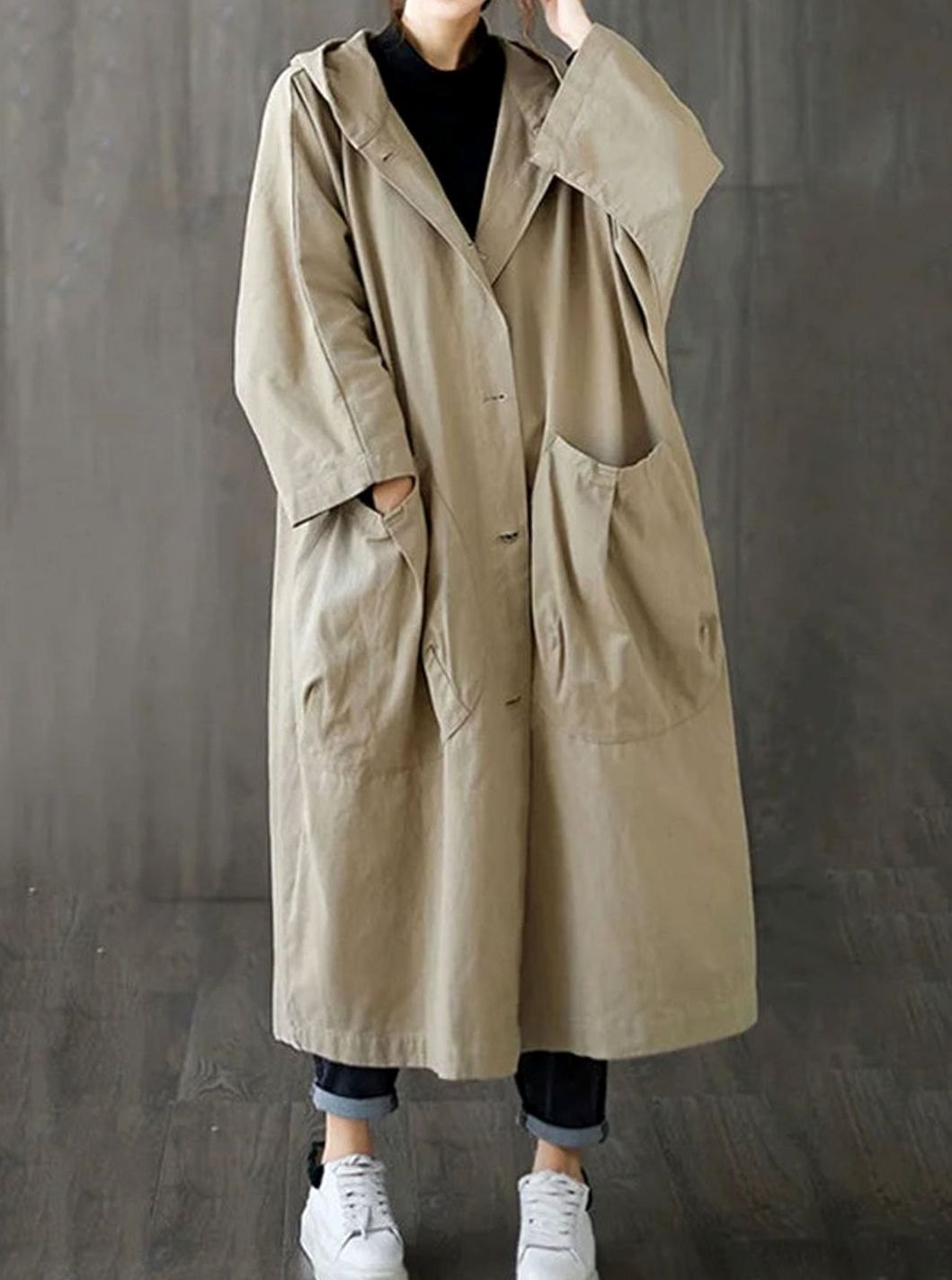 Langer Kapuzenmantel für Damen wasserabweisend Oversized Trenchcoat