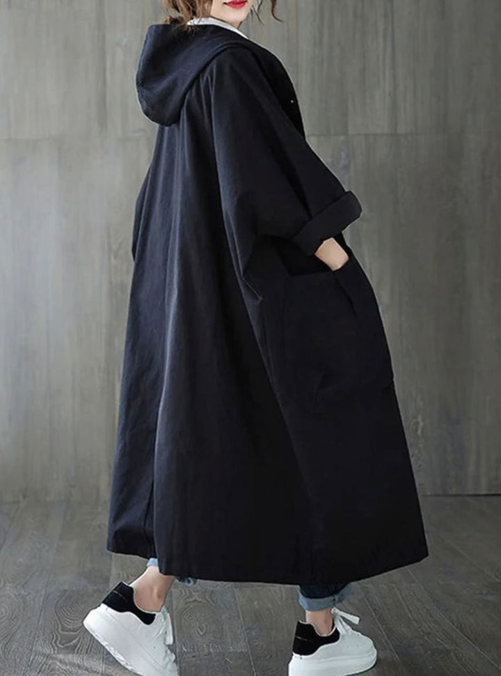 Langer Kapuzenmantel für Damen wasserabweisend Oversized Trenchcoat - Schwarz