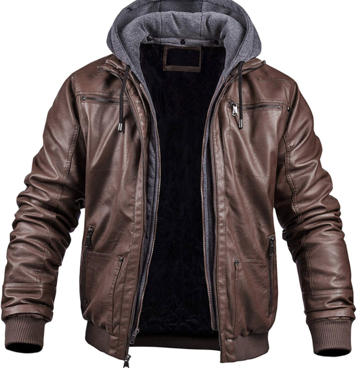 Lederjacke Herren Gefütterte Winterjacke mit Kapuze Reißverschluss - Dunkelbraun