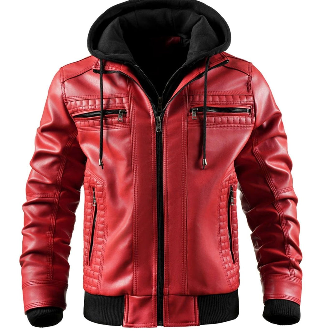 Lederjacke Herren Gefütterte Winterjacke mit Kapuze Reißverschluss - Rot