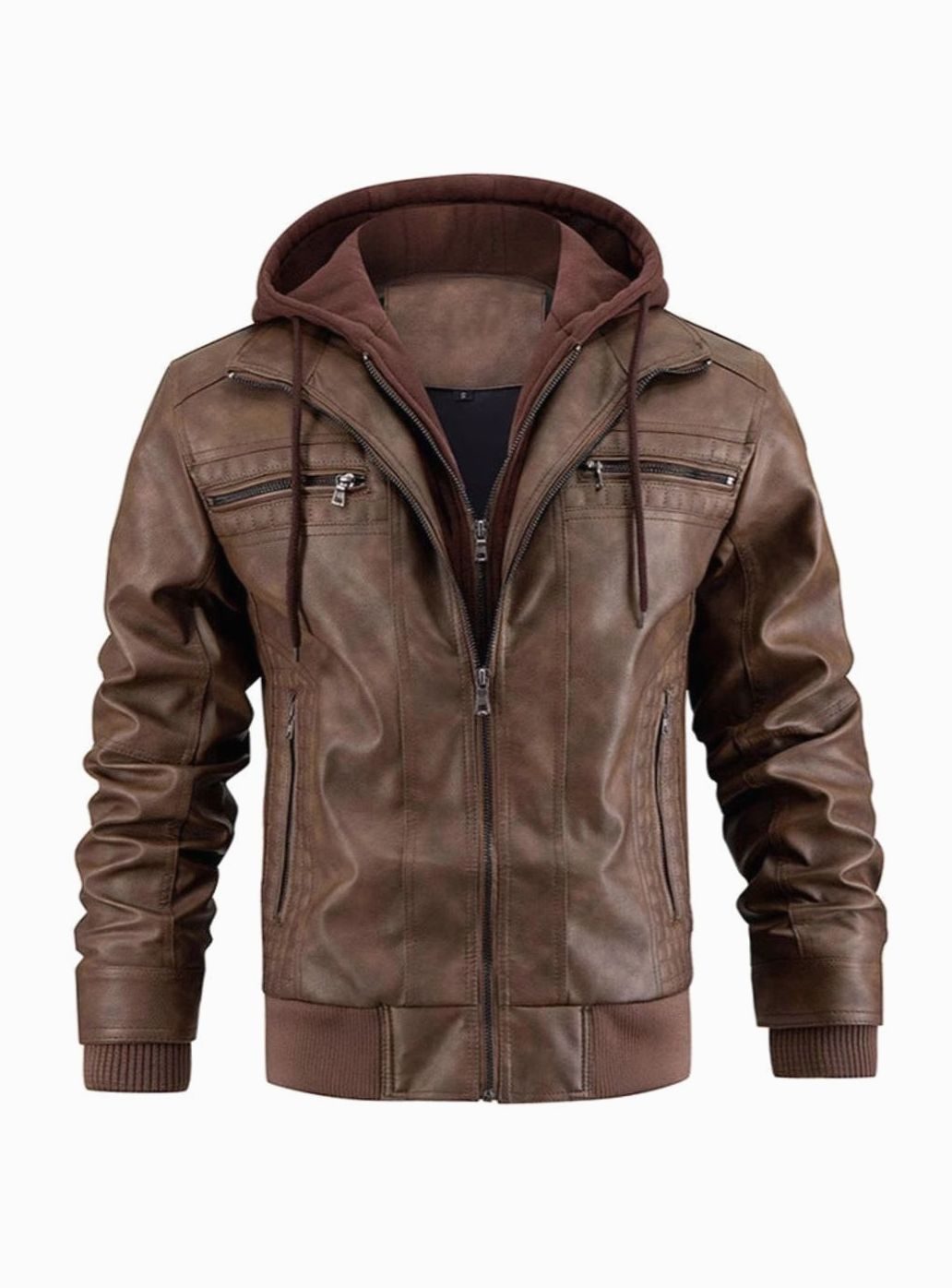 Lederjacke Herren Gefütterte Winterjacke mit Kapuze Reißverschluss - Braun