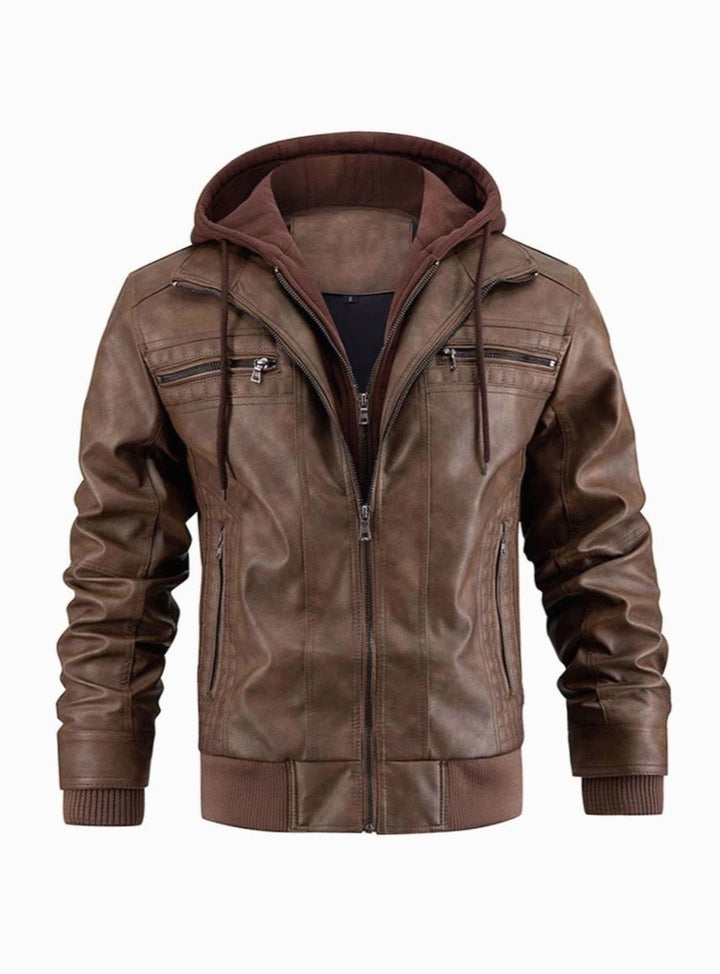 Lederjacke Herren Gefütterte Winterjacke mit Kapuze Reißverschluss - Braun