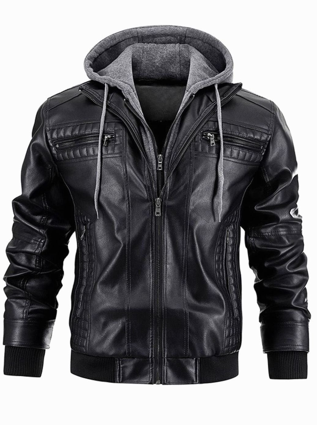 Lederjacke Herren Gefütterte Winterjacke mit Kapuze Reißverschluss - Schwarz