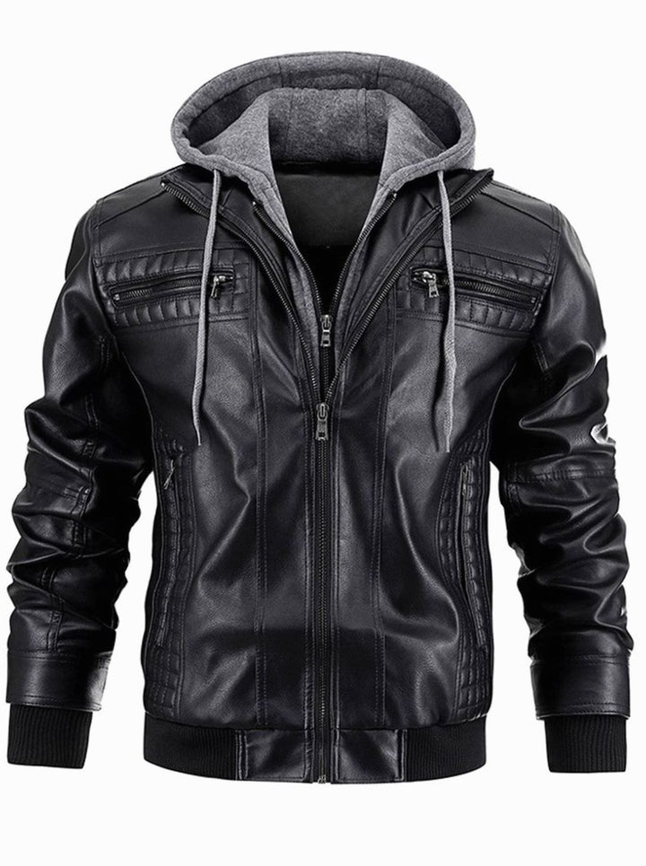 Lederjacke Herren Gefütterte Winterjacke mit Kapuze Reißverschluss - Schwarz