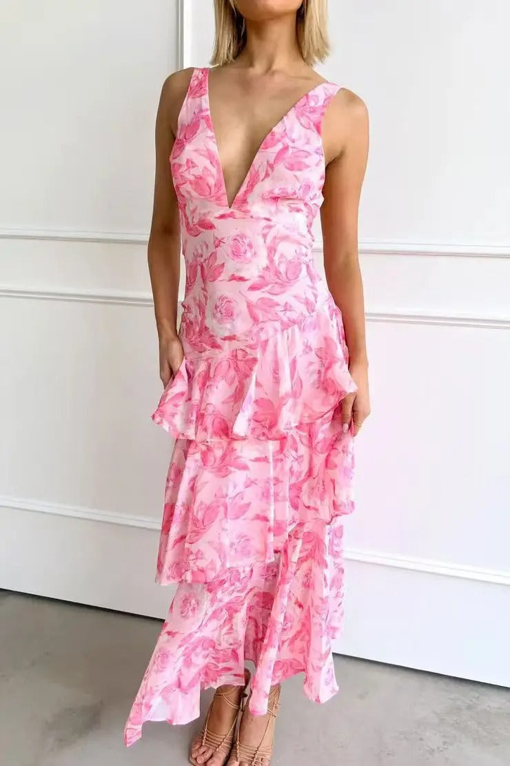 Emilia | Damen Elegantes Geblümtes Stufen-Maxikleid