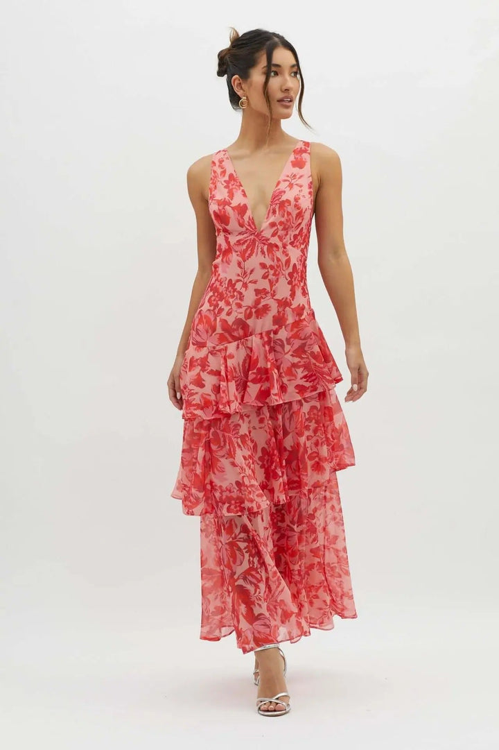 Emilia | Damen Elegantes Geblümtes Stufen-Maxikleid