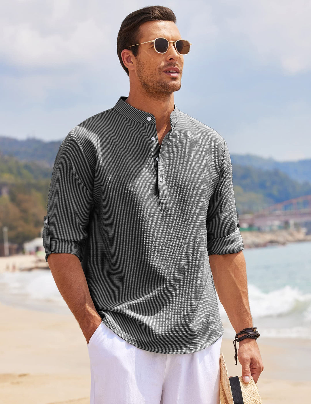 Edgar | Herren Stehkragen Halbknopfleiste Freizeit Shirt