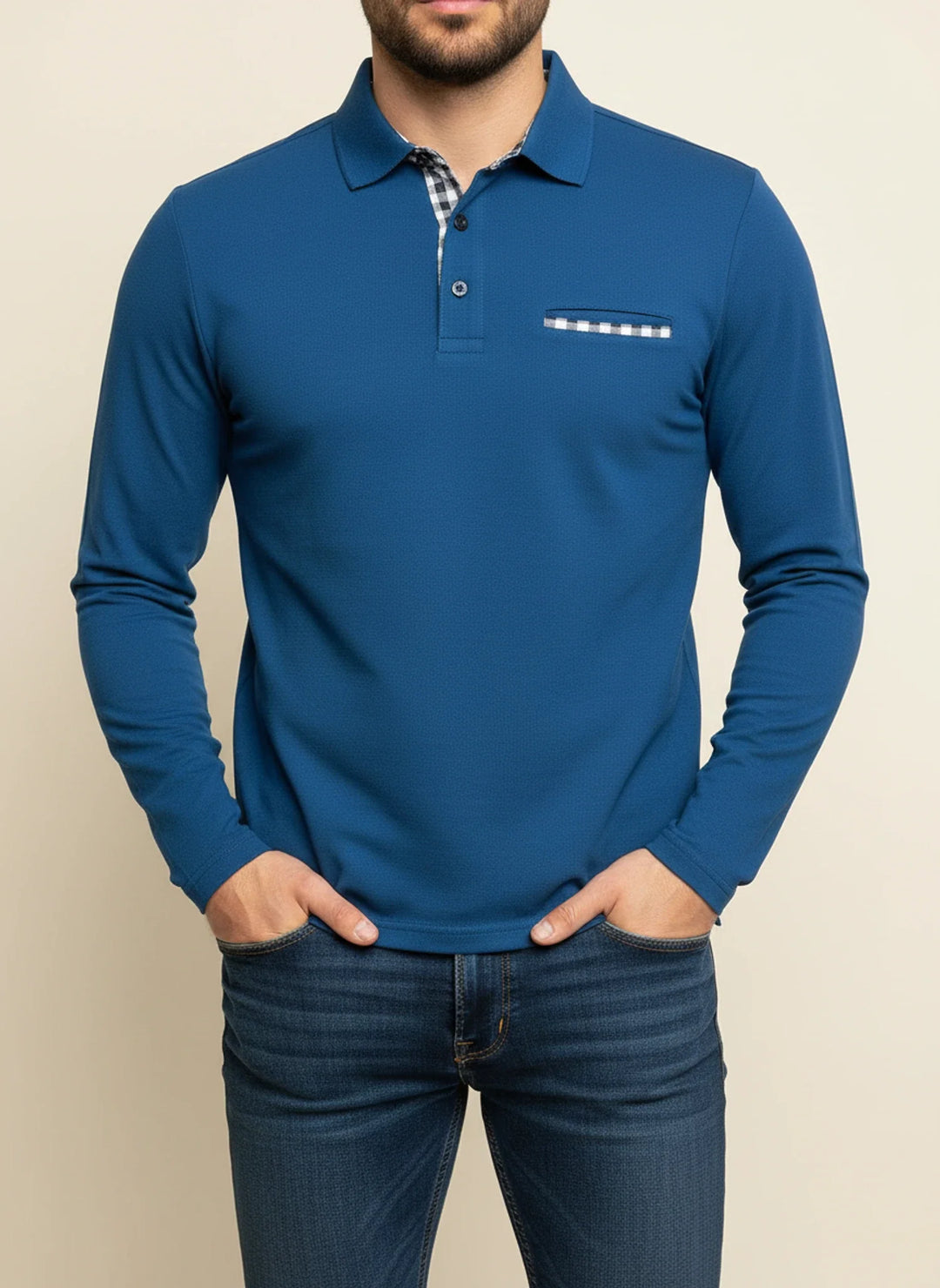 Richard | Herren Karo-Besatz Taschen Langarm Polohemd