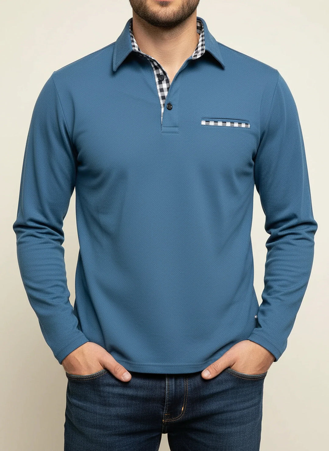 Richard | Herren Karo-Besatz Taschen Langarm Polohemd