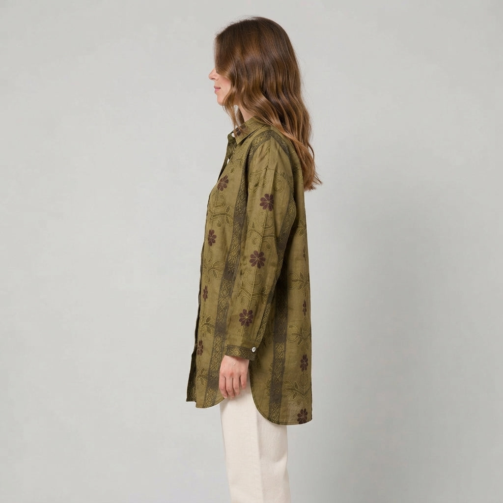 Luisa | Damen Leinen Langarm-Bluse mit V-Ausschnitt und Kontrastborte