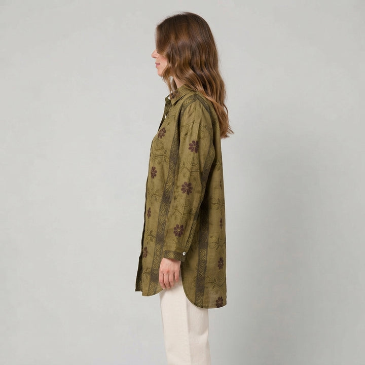 Luisa | Damen Leinen Langarm-Bluse mit V-Ausschnitt und Kontrastborte