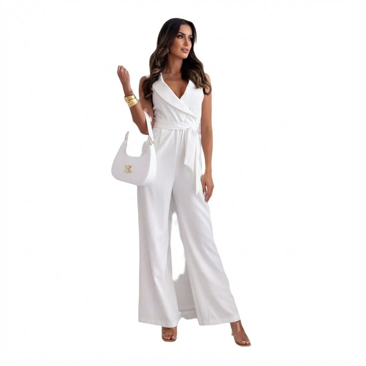 Amelie | Damen Weitbein-Jumpsuit Blazerkragen Bindegürtel