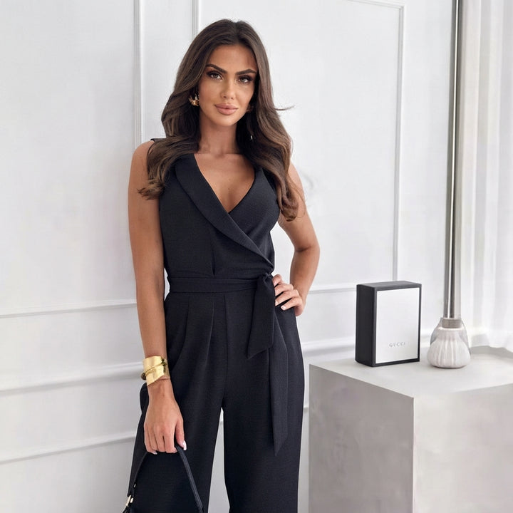 Amelie | Damen Weitbein-Jumpsuit Blazerkragen Bindegürtel