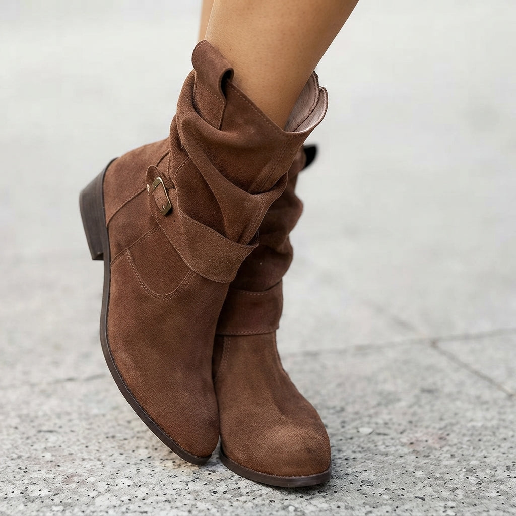 Frieda | Damen Knee High Boots Wildlederimitat Schlupfstiefel mit Blockabsatz