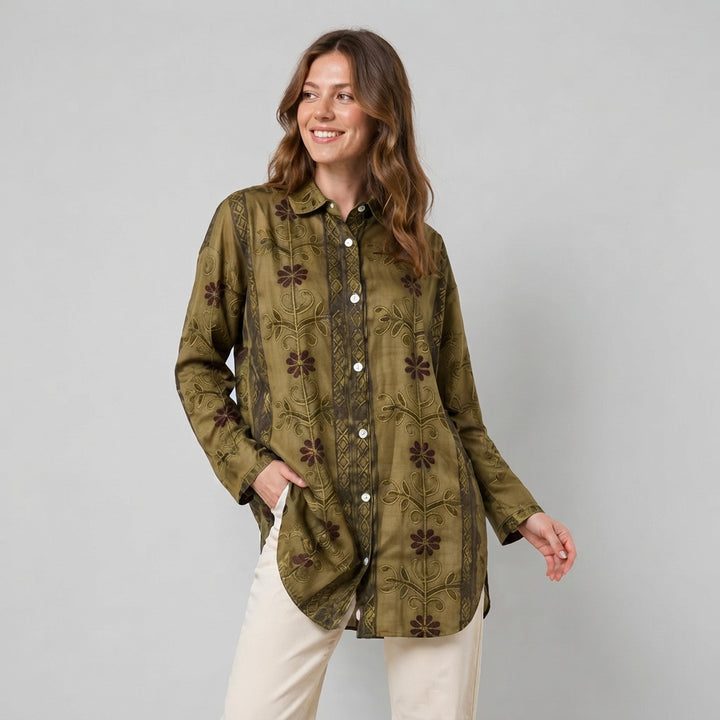 Luisa | Damen Leinen Langarm-Bluse mit V-Ausschnitt und Kontrastborte