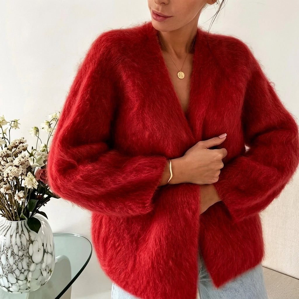 Marie | Damen Flauschiger V-Ausschnitt Strickjacke Cardigan mit Knopfleiste