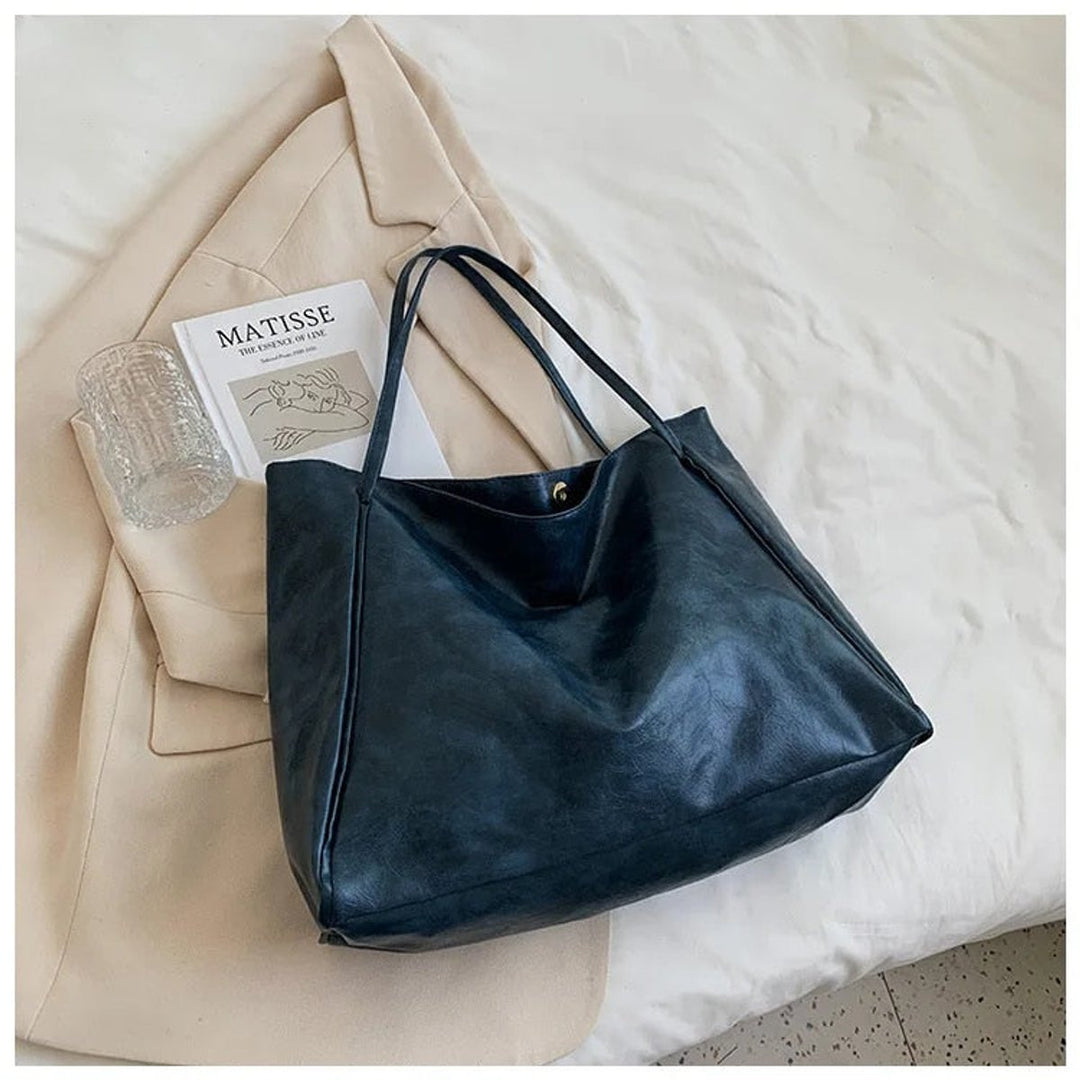 Retro PU-Leder Tote Bag Damen geräumige Schultertasche - Blau