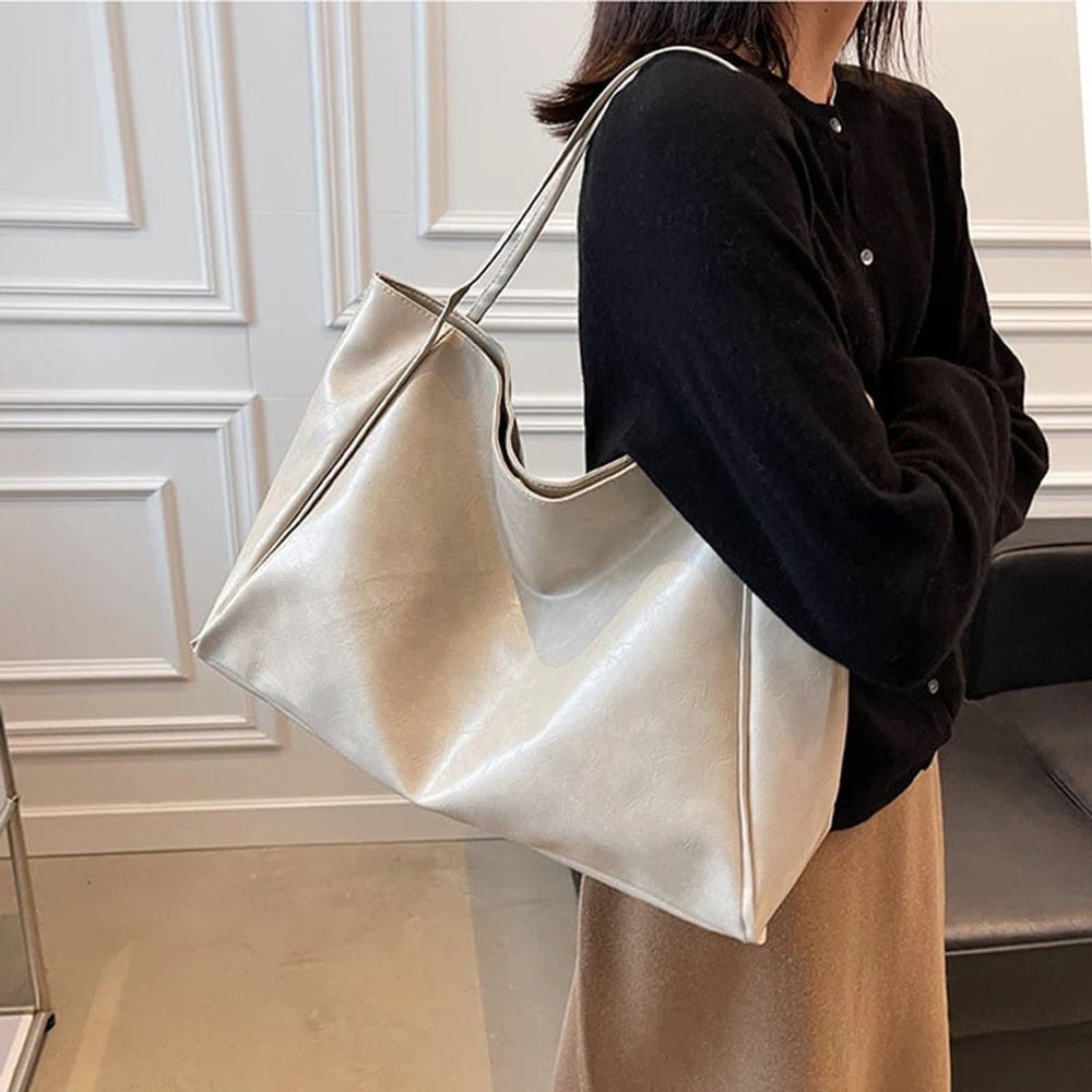 Retro PU-Leder Tote Bag Damen geräumige Schultertasche
