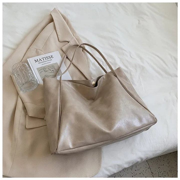 Retro PU-Leder Tote Bag Damen geräumige Schultertasche - Beige