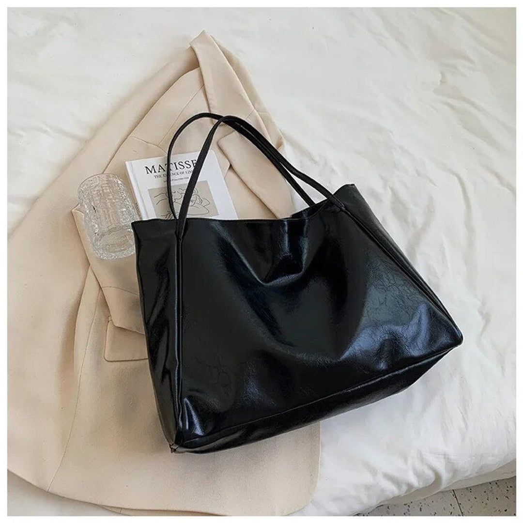 Retro PU-Leder Tote Bag Damen geräumige Schultertasche - Schwarz