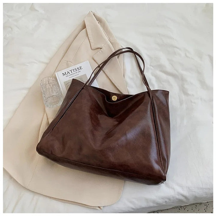 Retro PU-Leder Tote Bag Damen geräumige Schultertasche - Kaffee