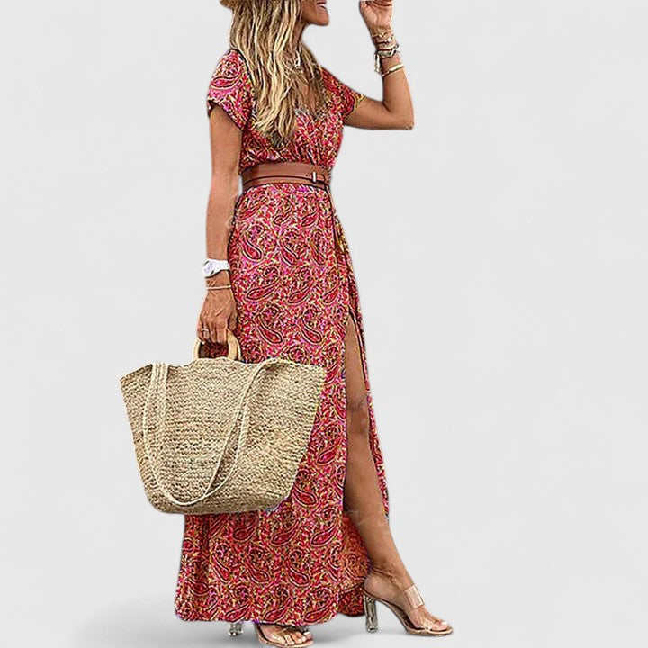 Anke | Damen Lässiges Boho-Maxikleid mit V-Ausschnitt