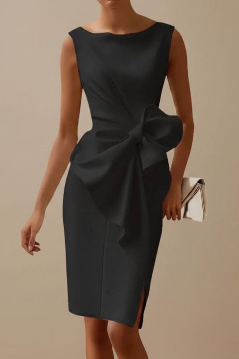 Ärmelloses Midi-Cocktailkleid mit Schleife und Beinschlitz - Black