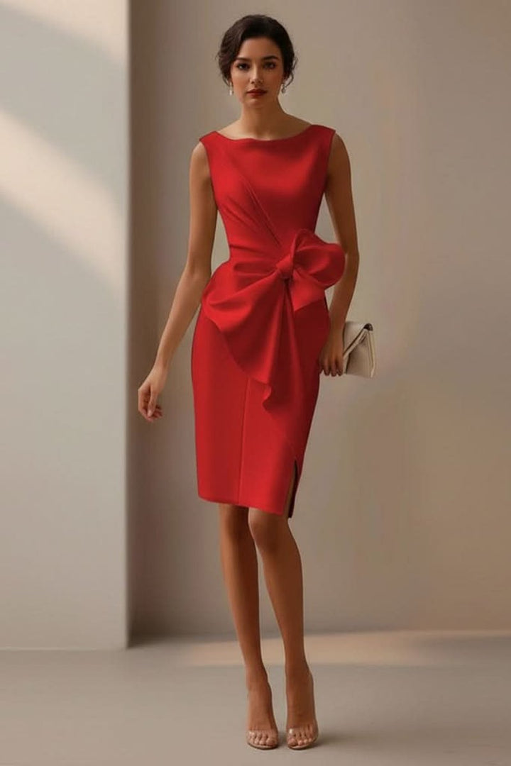 Ärmelloses Midi-Cocktailkleid mit Schleife und Beinschlitz - Red
