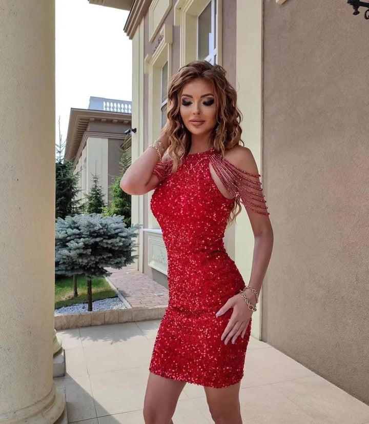 Ärmelloses Pailletten Partykleid mit Schulterkettendetail - Rot