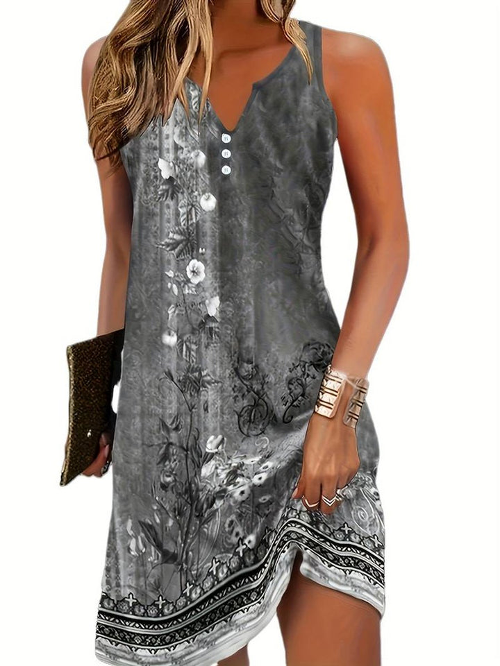 Ärmelloses V-Ausschnitt Kleid mit buntem Kunstdruck Minikleid - Grau