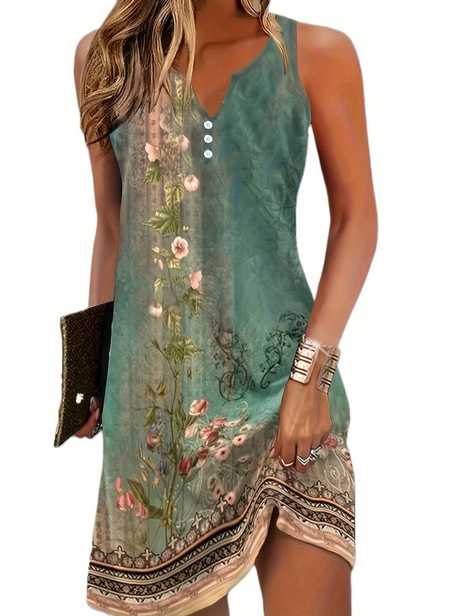 Ärmelloses V-Ausschnitt Kleid mit buntem Kunstdruck Minikleid - Grün