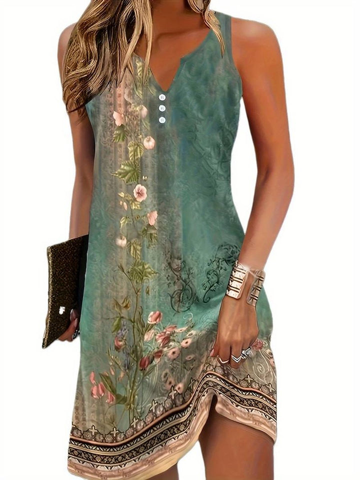 Ärmelloses V-Ausschnitt Kleid mit buntem Kunstdruck Minikleid - Grün