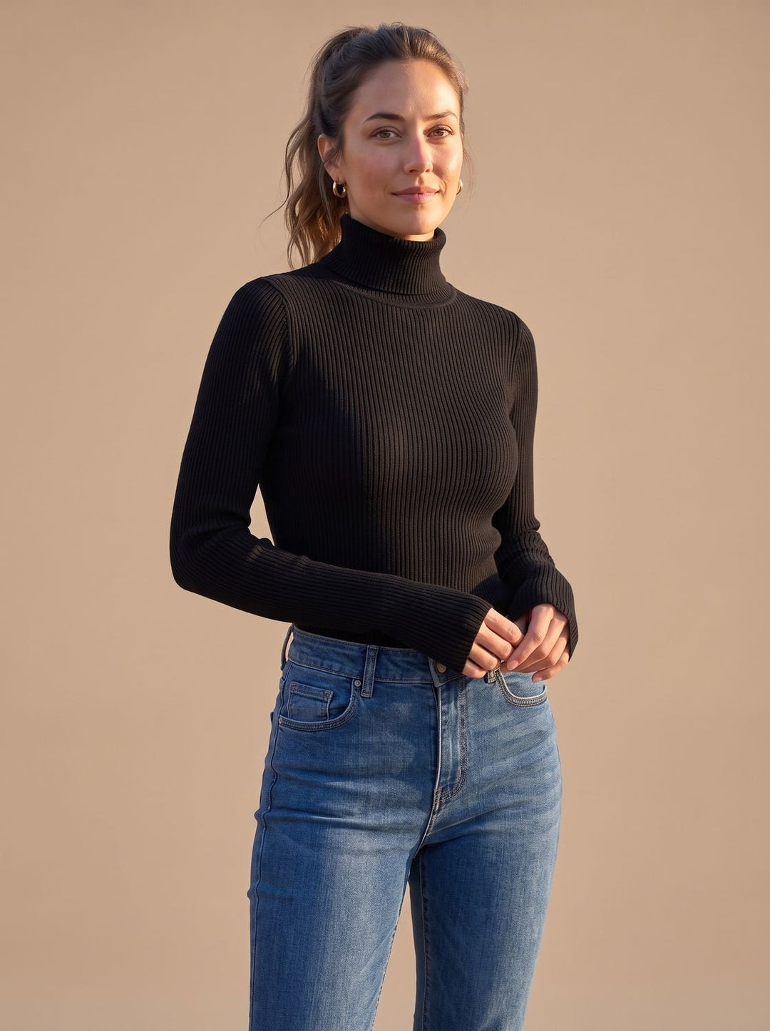 Rollkragenpullover Damen Gerippter Langarm Strickpullover Slim-Fit - Schwarz