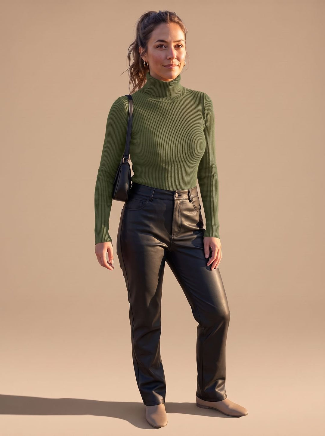Rollkragenpullover Damen Gerippter Langarm Strickpullover Slim-Fit - Grün