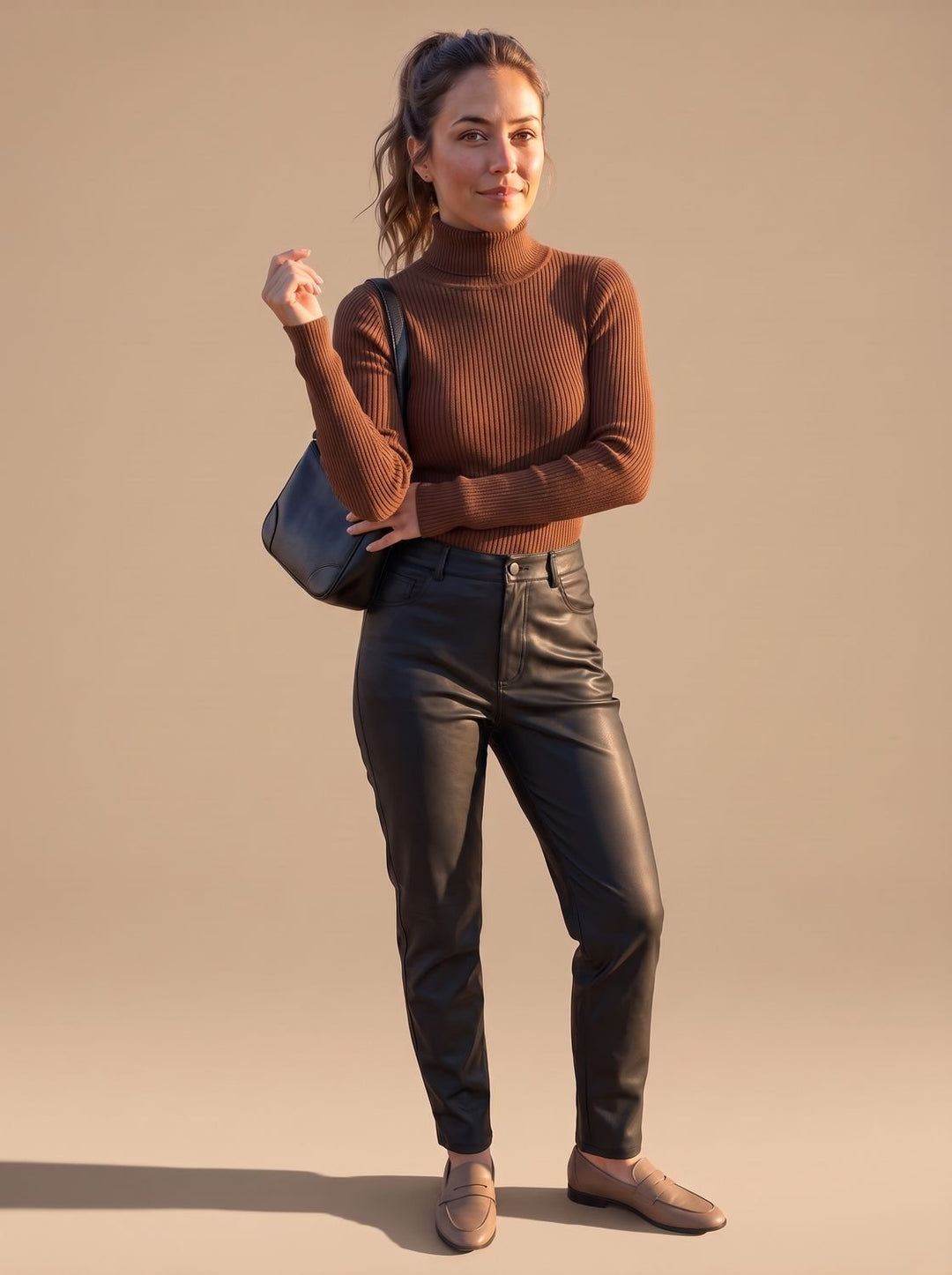 Rollkragenpullover Damen Gerippter Langarm Strickpullover Slim-Fit